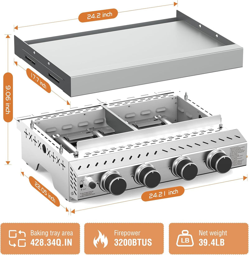 3 Burners Portable Propane Griddle，25 inch Stainless Steel Gas Grill，24,000 BTU Table Top Grill TG0130C