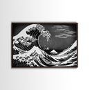 Black and White Wave Canvas Print, Hokusai Inspired Wall Art, Woodblock Print Style, Wall Art, Vintage Style Wall Art
