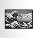 Black and White Wave Canvas Print, Hokusai Inspired Wall Art, Japanese Style Wall Art, Living Room Home Decor, Unique Wall Art