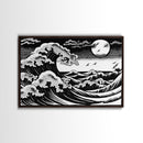 Black and White Wave Canvas Print, Hokusai Inspired Wall Art, Woodblock Print Style, Wall Art, Vintage Style Wall Art
