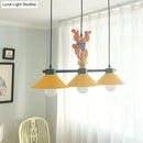 GobekUsa 3-Head Yellow Cone Pendant Lamp with Monkey Décor for Island Lighting