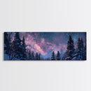 Starry Night Northern Lights, Framed Canvas Print, Beautiful Night Sky Over A Snow Capped Forest, Winter Landscape Painting, Purple Skies