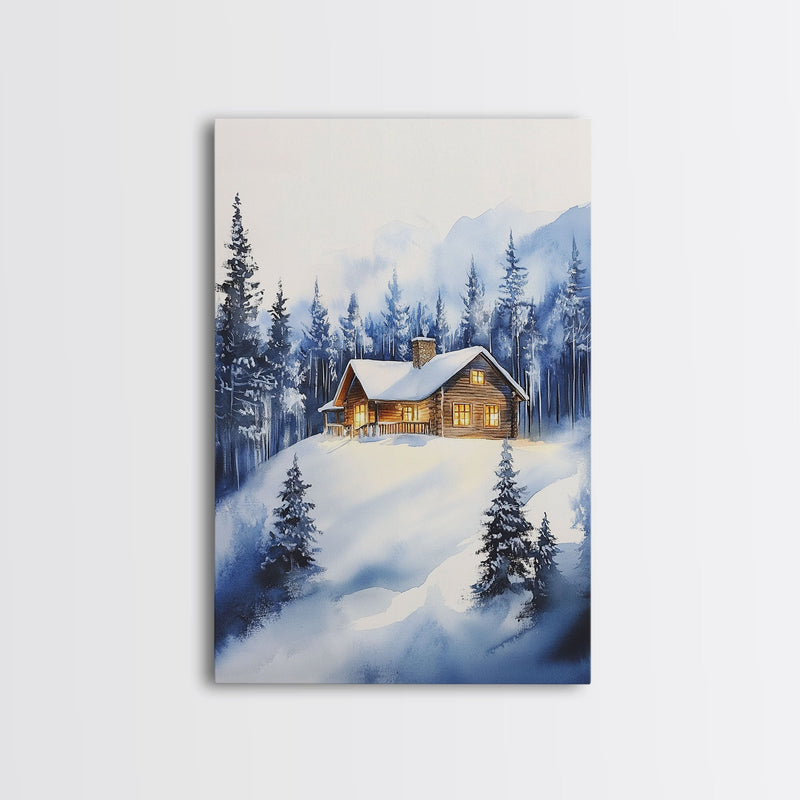 Winter Wonderland Landscape Print, Cabin In The Woods Rustic / Primitive Wall Art, Colorful Christmas