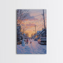 Cozy Neighborhood Christmas Evening with Snowmen and Festive Lights, Perfect for Framed Canvas Print and Holiday Wall Art