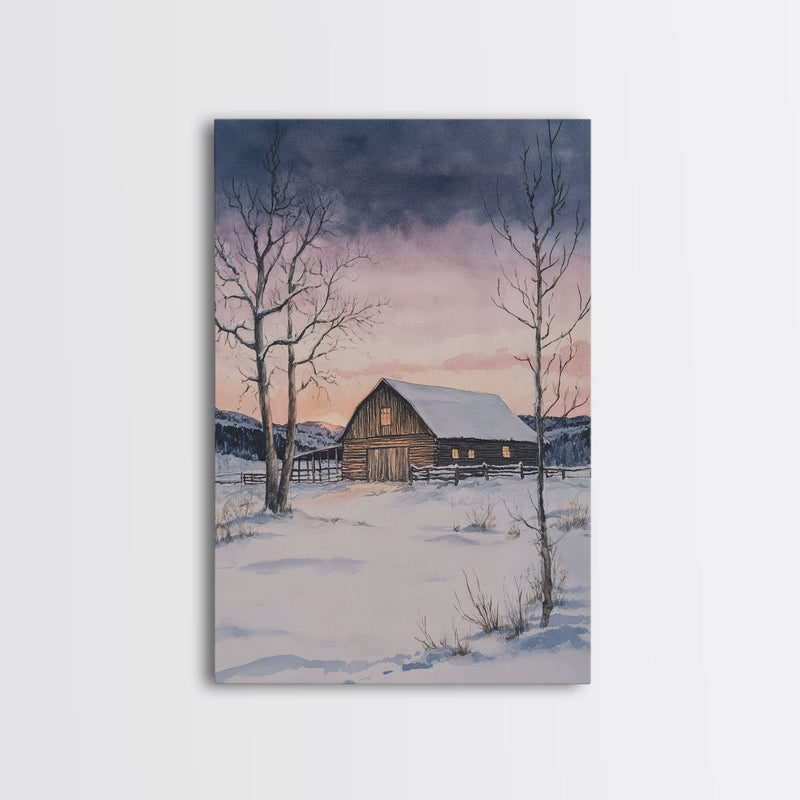 Barn In The Winter, Framed Canvas Print, Winter Landscape Print, Rustic Christmas Art, Primitive Decor