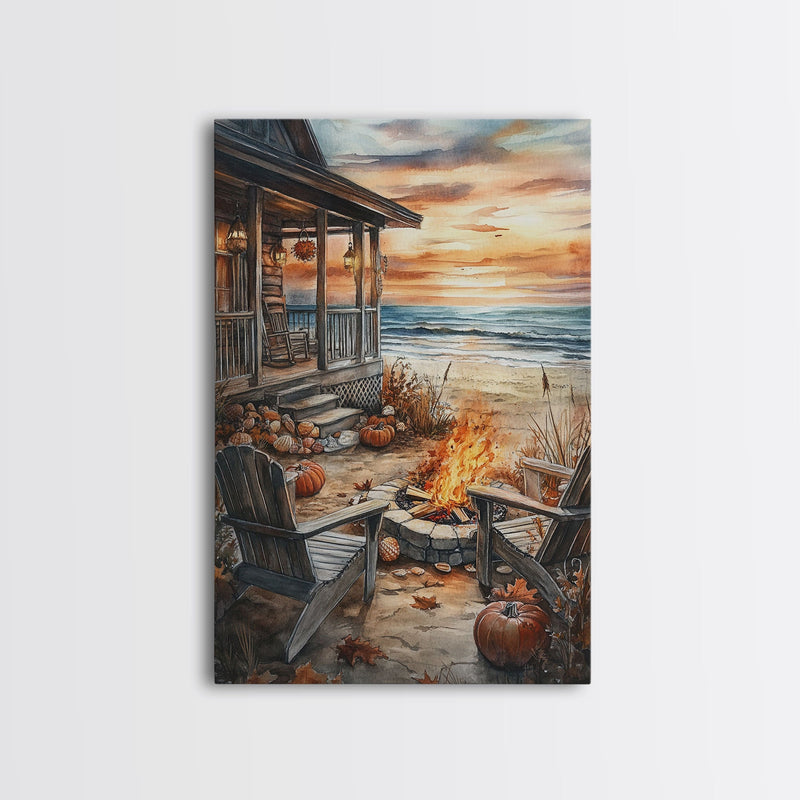 Beach Campfire On The Fall, Framed Canvas Print, Boho Beach Art Nautical Decor, Modern Christmas / Thanksgiving Gift Wall Art