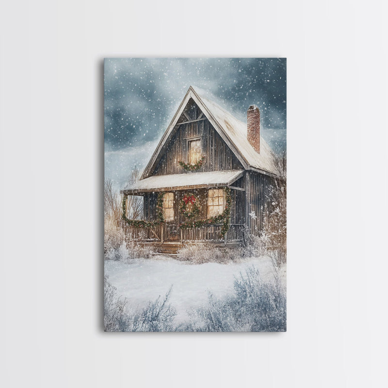 Beautiful Woods Cabin Framed Canvas Print, Extra Large Fall Decor, Mid Century Modern Winter Wall Art, Modern Christmas