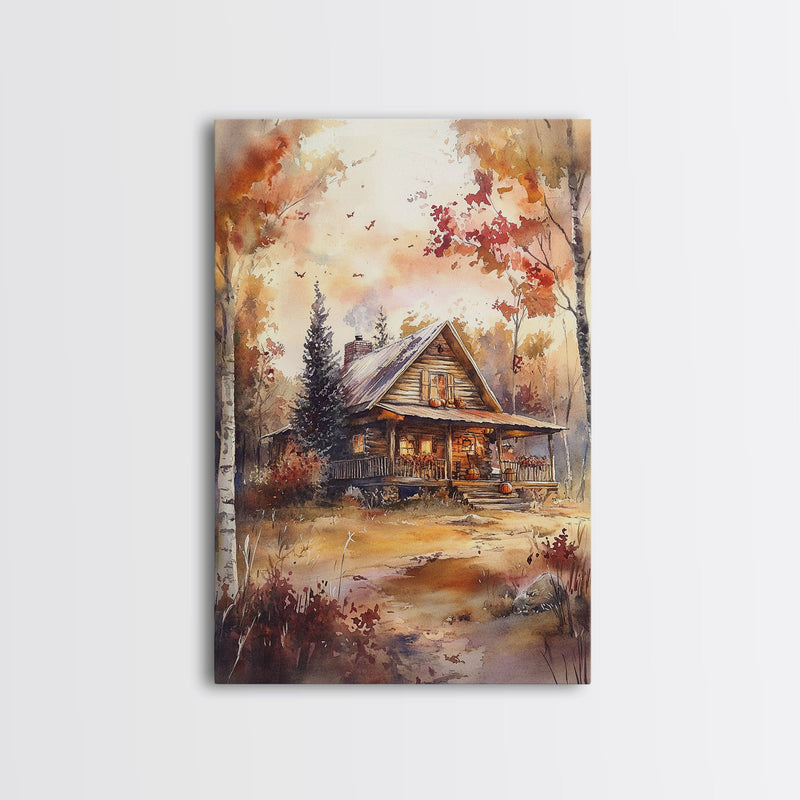 Beautiful Woods Cabin Framed Canvas Print, Extra Large Fall Decor, Mid Century Modern Autumn Wall Art, Modern Christmas