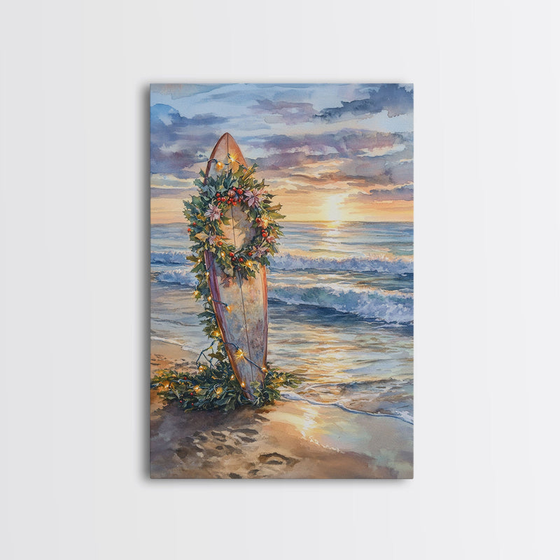 Beach Christmas Decor, Framed Canvas Print, Christmas At The Beach, Nautical / Tropical Holiday Wall Art