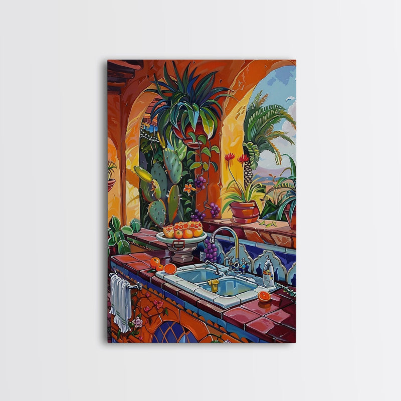 Vibrant Mexican Kitchen With Cactus And Fruit Framed Canvas Print Southwestern Art Best Gift Home Decor Bright Interior Wall Art