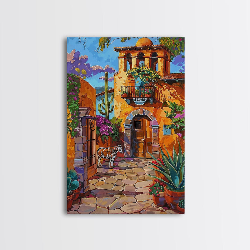 Bright Mexican Style Courtyard Tall Art Framed Canvas Print Featuring Vibrant Architecture And Desert Scenery