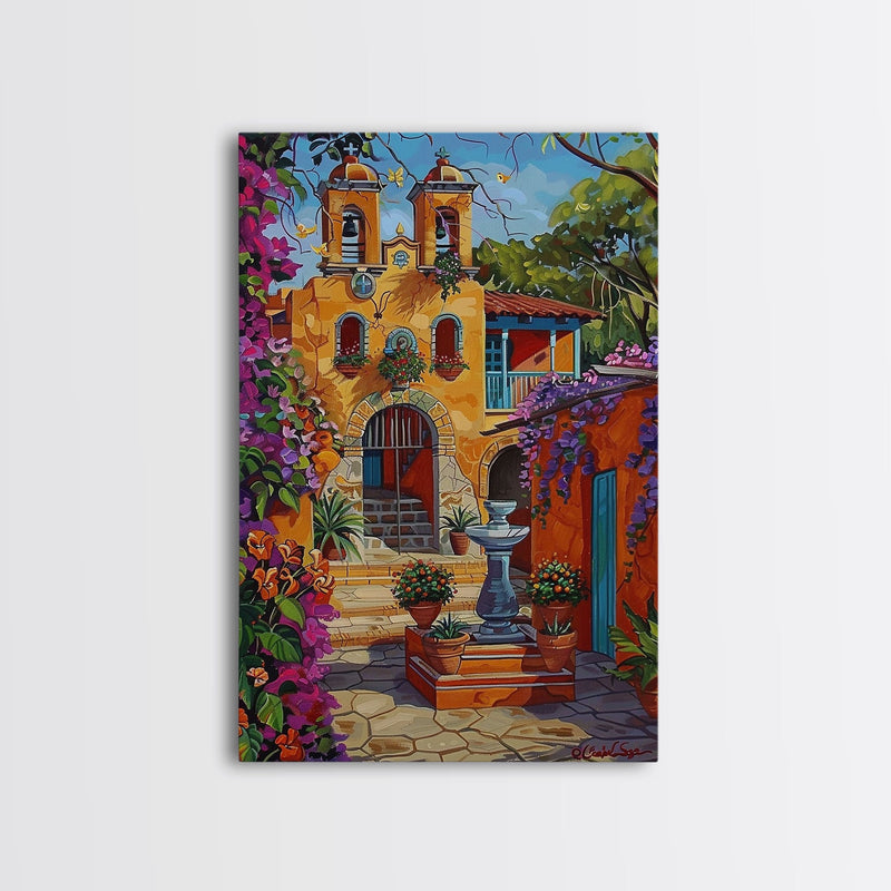 Bright Mexican Style Tall Art Framed Canvas Print Depicting Ornate Blue Door And Rustic Courtyard