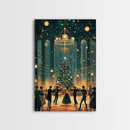 Elegant Ballroom Christmas Dance Scene with Holiday Lights and Decorations, Perfect Holiday Decor for Winter Wonderland, Framed Canvas Print