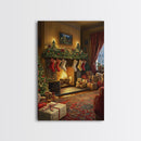 Cozy Christmas Mantle Decor Framed Canvas Print With Stockings Hanging And Presents By The Fire, Seasonal Holiday Wall Art Farmhouse Style