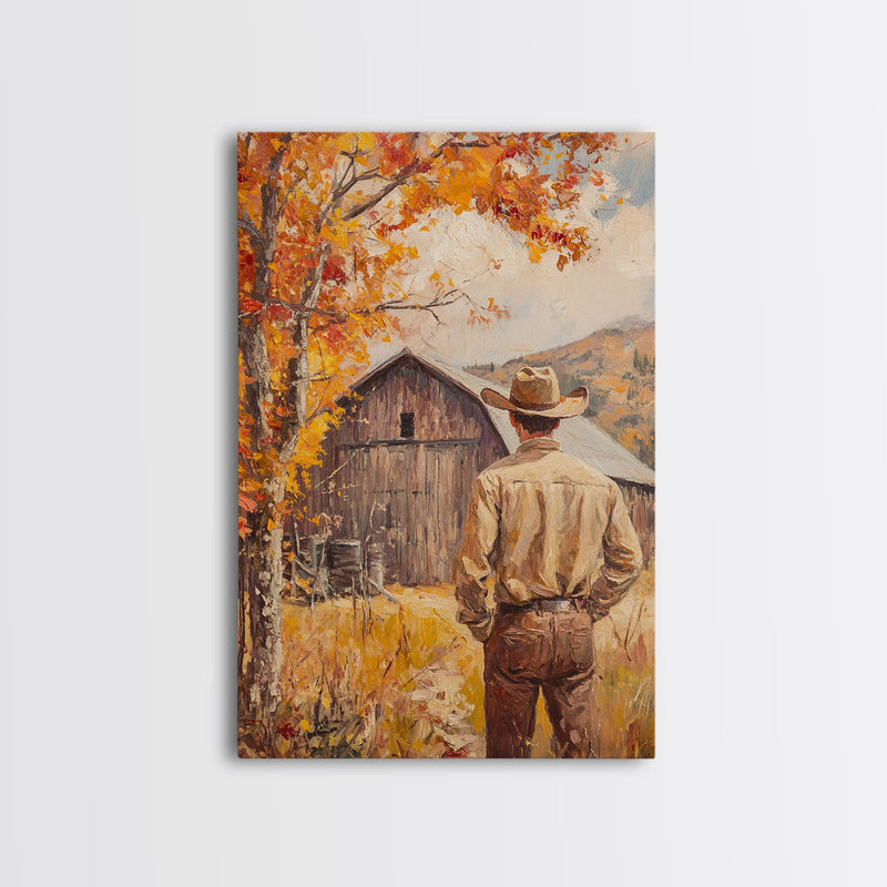 Autumn Cowboy Barn Framed Canvas Print - Fall Harvest Country Wall Art Best Gift Idea 2024 Rustic Farmhouse Decor