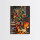 Children Hanging Stockings By The Fireplace Framed Canvas Print Tall Art With Christmas Tree, Nostalgic Christmas Wall Art Holiday Decor