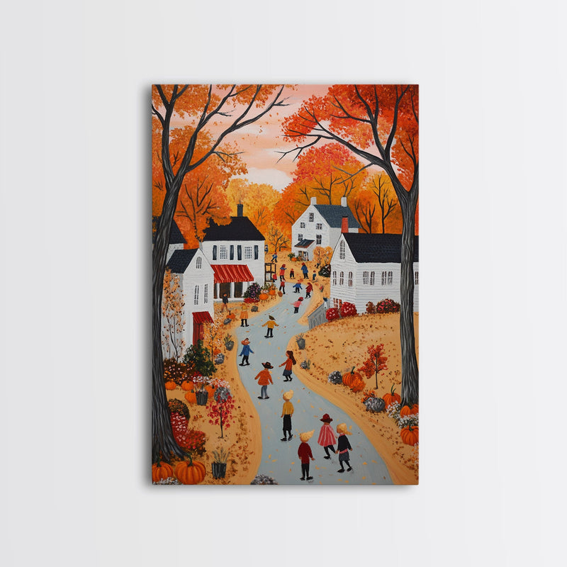 Autumn Village Scene Framed Canvas Print Tall Art With Fall Leaves And Pumpkins, Cozy Wall Art For Seasonal Farmhouse Decor