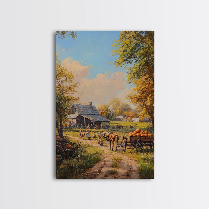 Autumn Farmhouse Harvest Scene With Pumpkins Framed Canvas Print Fall Wall Art Seasonal Home Decor Thanksgiving Wall Art Rustic Gift Idea