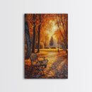 Autumn Park Bench Scene With Trees And Lamppost Framed Canvas Print Wall Art Fall Decor, Rustic Autumn Art Gift, Seasonal Canvas Art