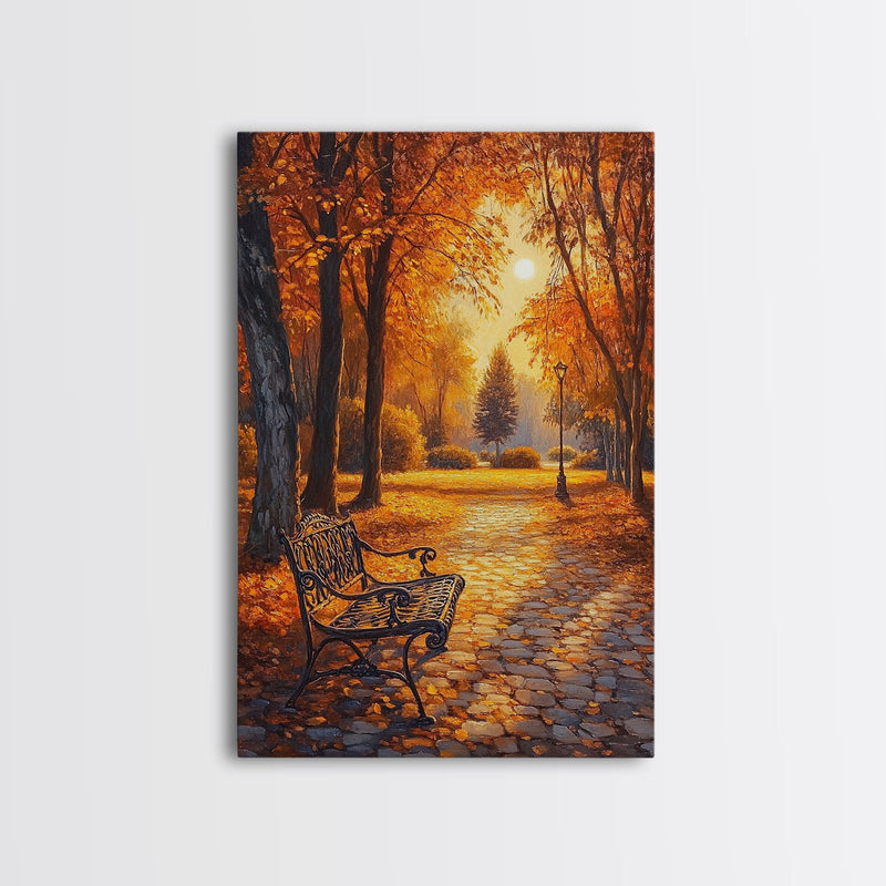 Autumn Park Bench Scene With Trees And Lamppost Framed Canvas Print Wall Art Fall Decor, Rustic Autumn Art Gift, Seasonal Canvas Art