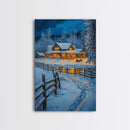 Warm Log Cabin In Snow Framed Canvas Print Wall Art Winter Holiday Decor, Country Christmas Art Gift, Rustic Winter Wonderland Art