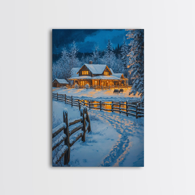 Warm Log Cabin In Snow Framed Canvas Print Wall Art Winter Holiday Decor, Country Christmas Art Gift, Rustic Winter Wonderland Art