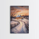 Snowy Path Leading To House Framed Canvas Print Wall Art Christmas Decor, Winter Holiday Art Gift, Cozy Christmas Wall Art