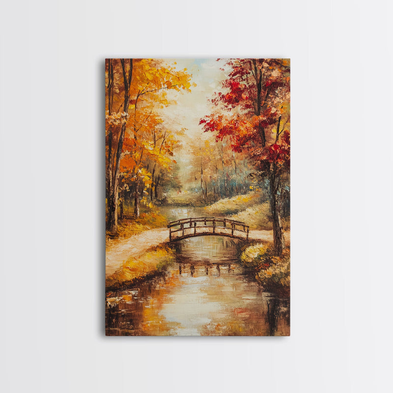 Autumn Bridge Over Stream Framed Canvas Print Wall Art Fall Landscape Decor, Rustic Autumn Art Gift, Seasonal Wall Art