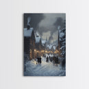 Traditional Victorian Christmas Village in Snow, Classic Christmas Wall Decor for Winter Wonderland Theme, Framed Canvas Print