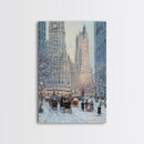 Historical City Winter Framed Canvas Print, Snowy Urban Landscape with Carriages and Victorian Architecture, Elegant Christmas Wall Art