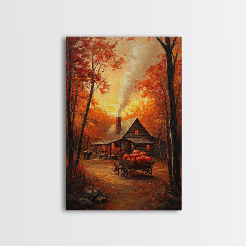 Autumn Cabin with Pumpkins Framed Canvas Print, Warm Fall Countryside Scene with Golden Leaves, Cozy Rustic Farmhouse Wall Art Decor