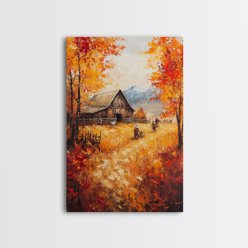 Autumn Barnyard Framed Canvas Print, Vibrant Fall Landscape Cowboy and Barn, Perfect Rustic Wall Art Farmhouse or Ranch Style Fall Decor