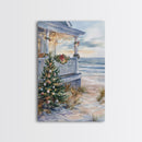 Coastal Christmas Tree Framed Canvas Print, Festive Holiday Decor Tree Beach and Ocean View, Nautical Wall Art Tropical Christmas Decor