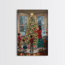 Retro Family Decorating Christmas Tree in Living Room, Classic Christmas Decor Scene, Perfect for Holiday Home, Framed Canvas Print