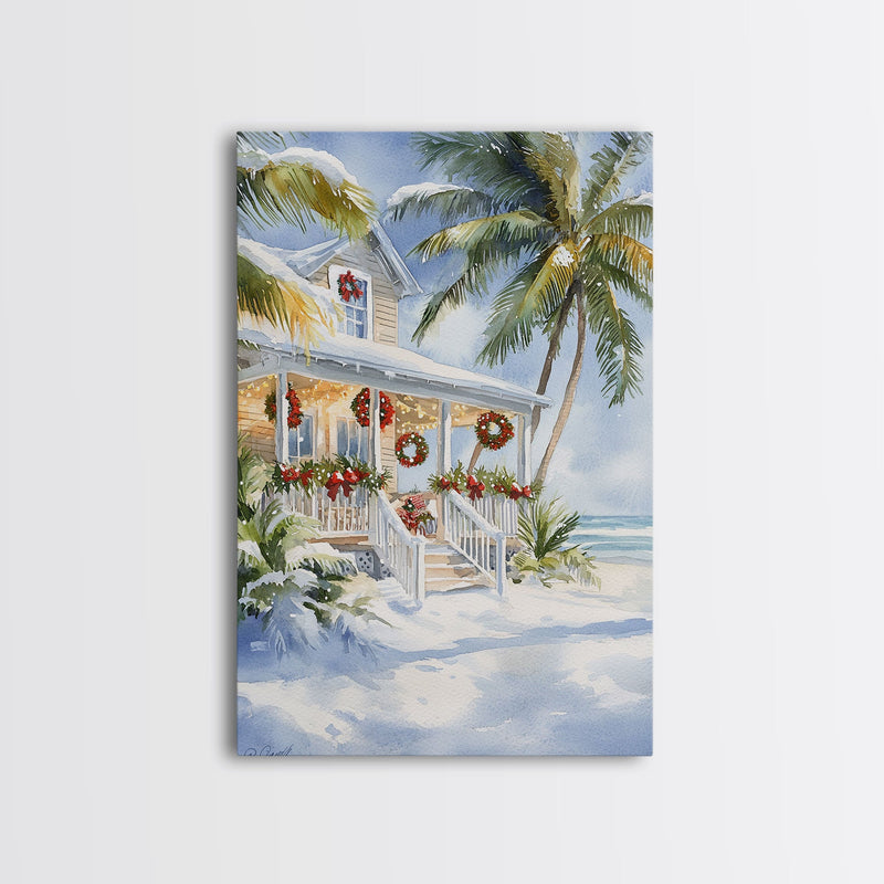 Beach Christmas porch with palm trees and wreaths, holiday decor Framed Canvas Print Christmas wall art farmhouse tropical decor idea