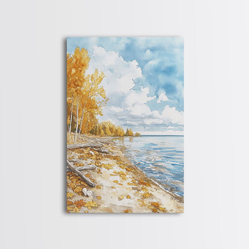 Autumn beach scene with golden trees and calm shoreline Framed Canvas Print, fall landscape art perfect autumn wall decor for rustic homes