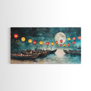Framed Canvas Print Full Moon Lanterns on Boats, Dreamy Night Scene, Watercolor Christmas Art, Unique Holiday Decor, Coastal Christmas
