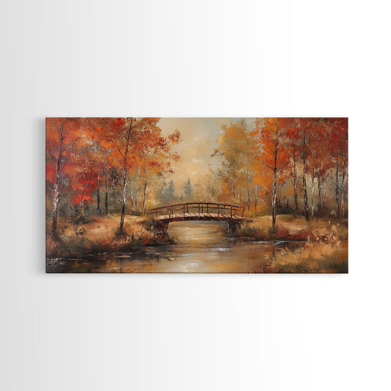 Autumn Bridge Over Quiet River Tall Art Framed Canvas Print Serene Fall Landscape With Colorful Foliage And Peaceful Reflections