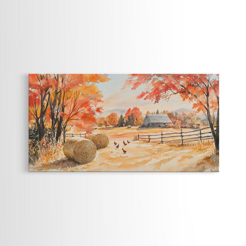 Autumn farmhouse decor Canvas Print fall landscape with barn and chickens harvest season gift idea rustic fall wall art holiday home decor