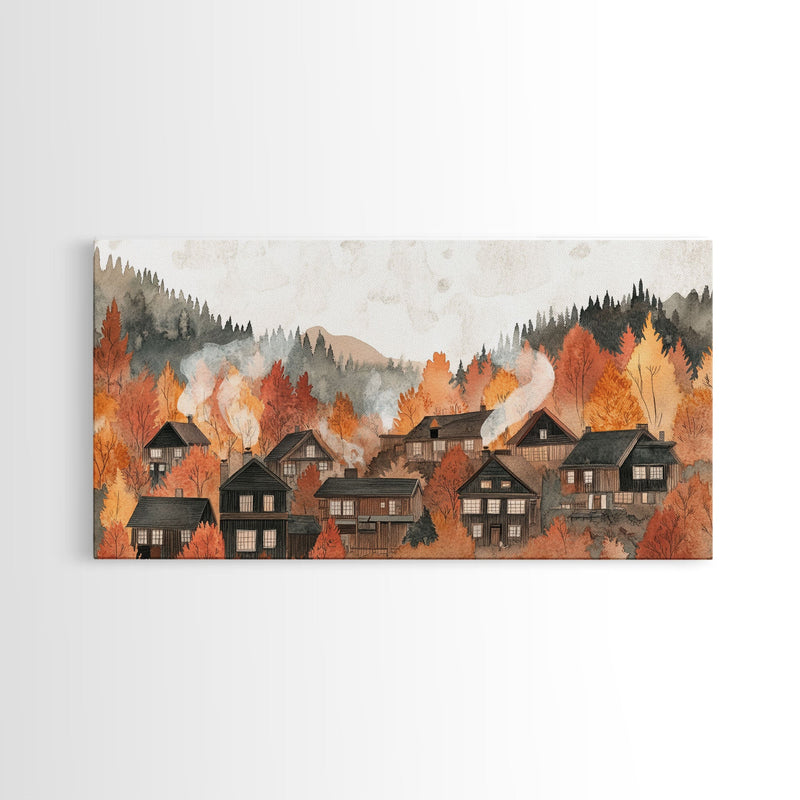 Autumn village decor Framed Canvas Print rustic village with fall trees cozy seasonal wall art gift idea moody landscape autumn home decor