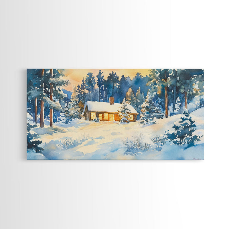 Winter cabin decor Framed Canvas Print snowy cabin and trees winter wonderland cozy holiday wall art gift idea Christmas home decor