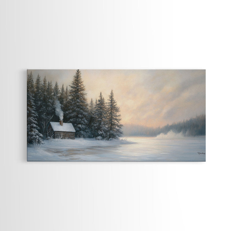 Winter Cabin By The Lake Tall Art Framed Canvas Print Snow Covered Cabin In Peaceful Forest With Winter Wonderland Scene