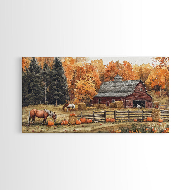 Autumn Barn Pumpkin Horses Canvas Print Farmhouse Fall Decor Seasonal Wall Art Framed Canvas Print Rustic Fall Farmhouse Wall Art