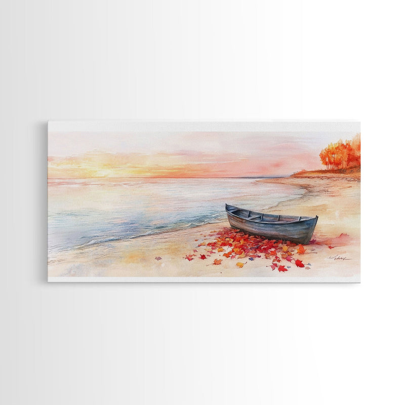 Autumn beach landscape art, fall sunset wall art, coastal boat decor, beach fall home decor, seasonal wall art gift, framed canvas print