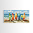 Colorful surfboards Christmas wall art, beach holiday decor, coastal Christmas art, framed canvas print, tropical Christmas art gift