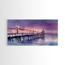 Snow-Covered Pier at Dusk with Christmas Lights, Framed Canvas Print, Coastal Holiday Decor, Winter Wonderland, Nautical Christmas Wall Art