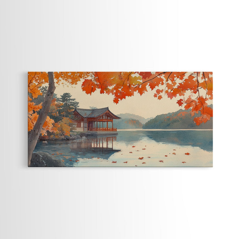 Autumn Japanese Lake House Canvas Print | Fall Wall Art Home Decor | Seasonal Fall Art | Gift Idea | 2024 Autumn Home Wall Art