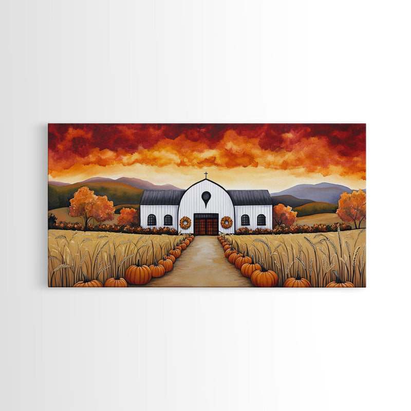 Autumn pumpkin farm with barn, canvas print, fall farmhouse decor, rustic autumn home decor, cozy fall harvest wall art for seasonal display