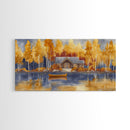 Lakeside cabin in autumn, framed canvas print, cozy fall decor, rustic cabin home decor, fall landscape wall art, perfect autumn gift idea