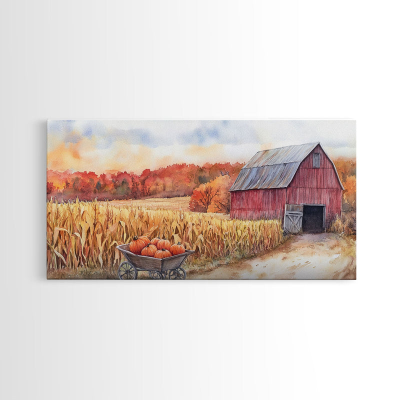 Autumn Barn with Pumpkins in Wheelbarrow, Farmhouse Fall Decor, Framed Canvas Print, Seasonal Wall Art, Country Home Decor, Gift Idea